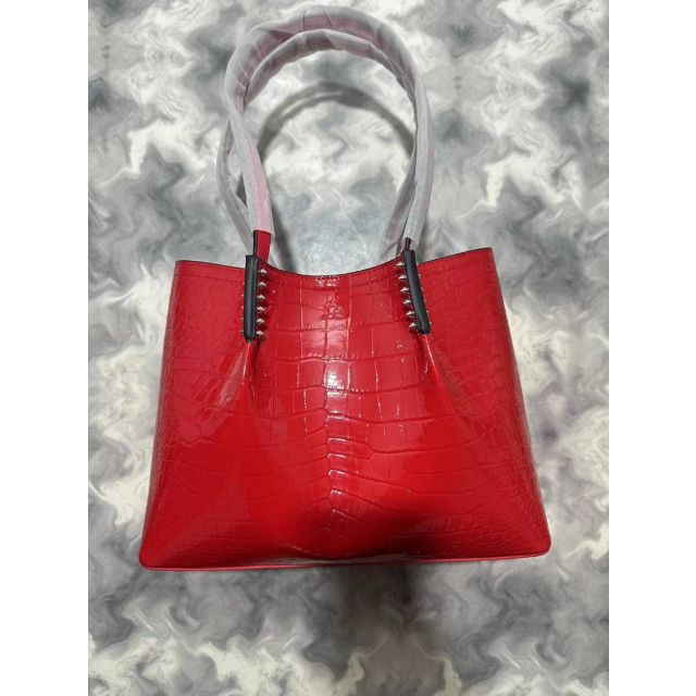 Christian Louboutin Cabarock Small Tote Crocodile Embossed Calfskin Spiked Red