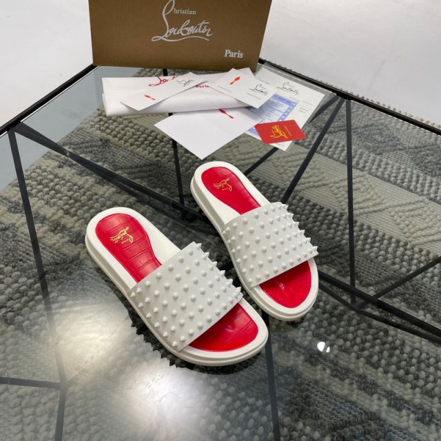 Christian Louboutin CL Slippers Men Spikes Slide Sandals White
