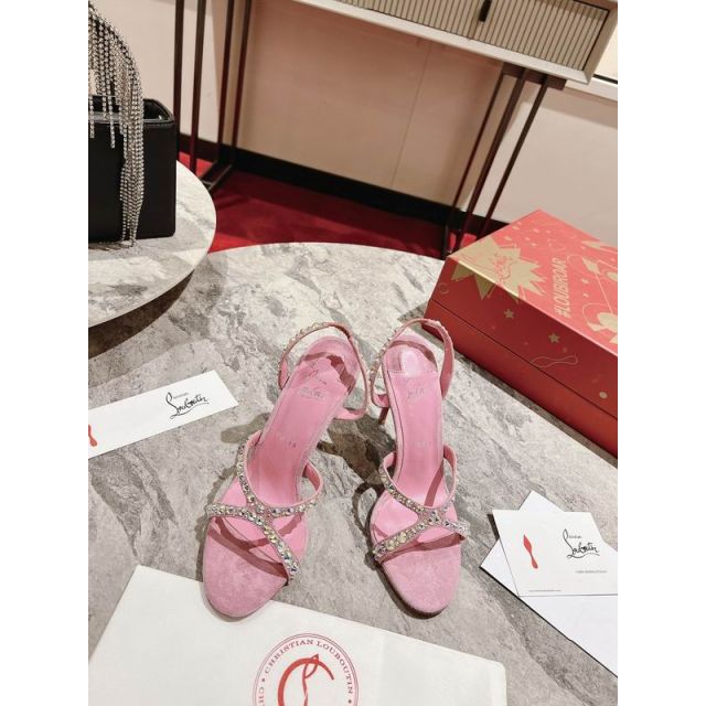 Christian Louboutin Emilie Strass Suede Sandals 100MM Crystal Embellished Pink