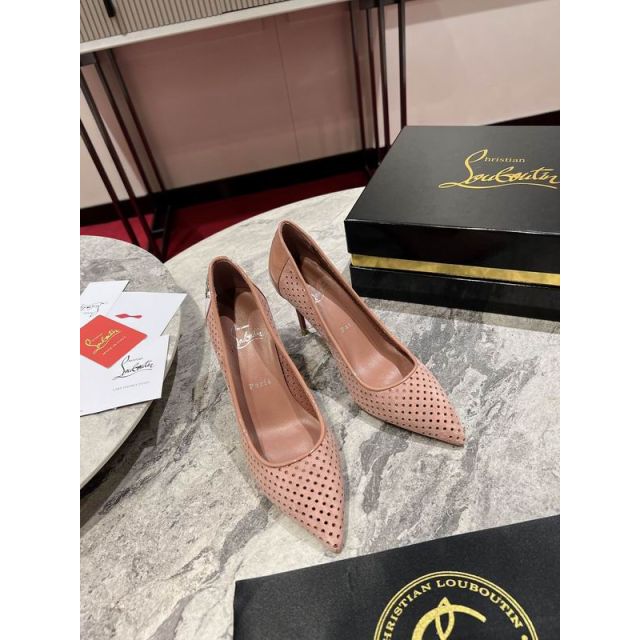 Christian Louboutin Kate Perforated Pointed Toe Leather 85MM Pumps In Tornado