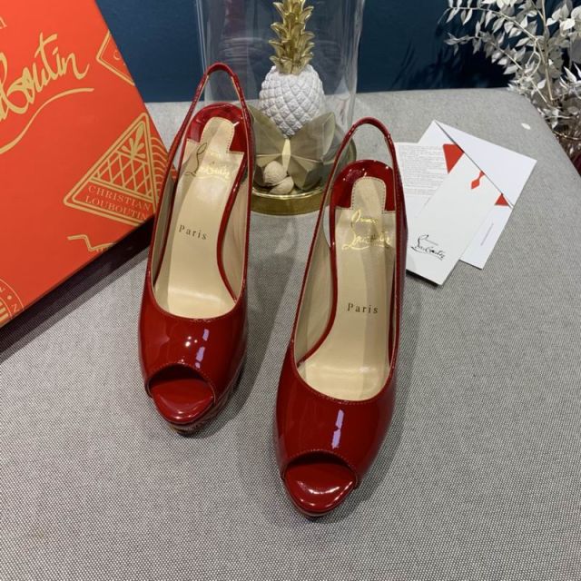 Christian Louboutin Lady Peep Toe 150mm Slingback Pumps Red Patent Leather