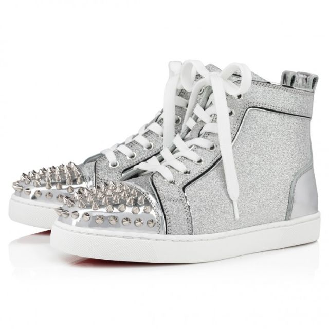 Christian Louboutin Lou Spikes Woman High-Top Sneakers Specchio Leather And Glittered Calf Leather Silver