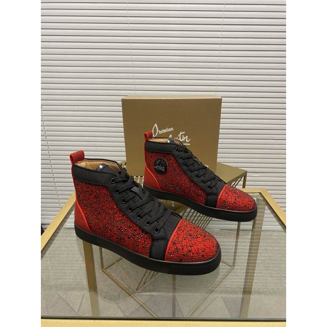 Christian Louboutin Louis Orlato Flat Glitter High-Top Sneakers In Strass Red Black