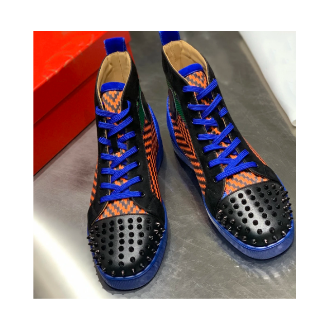 Christian Louboutin Men Louis Woven Spikes Flat High-Top Sneakers Black Blue