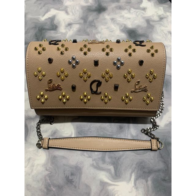 Christian Louboutin Paloma Leather Spikes Embellished Clutch Bag Nude