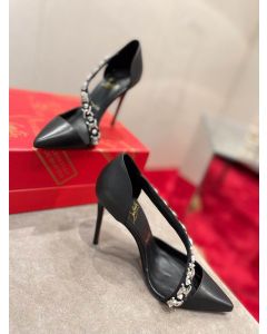 Christian Louboutin Deomina Chain Spike Pointed Toe Pumps 100mm Black Cross Straps
