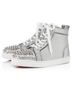 Christian Louboutin Lou Spikes Woman High-Top Sneakers Specchio Leather And Glittered Calf Leather Silver