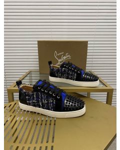 Christian Louboutin Louis Junior Spikes Orlato Flat Camo Blue Suede Sneakers