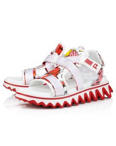Christian Louboutin Summer Loubishark Sandals Women Calf Leather Shun Sudo Flower Print White