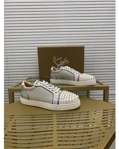 Christian Louboutin Vierira Spikes Low-top Sneakers Specchio Leather And Glittered Calf Silver